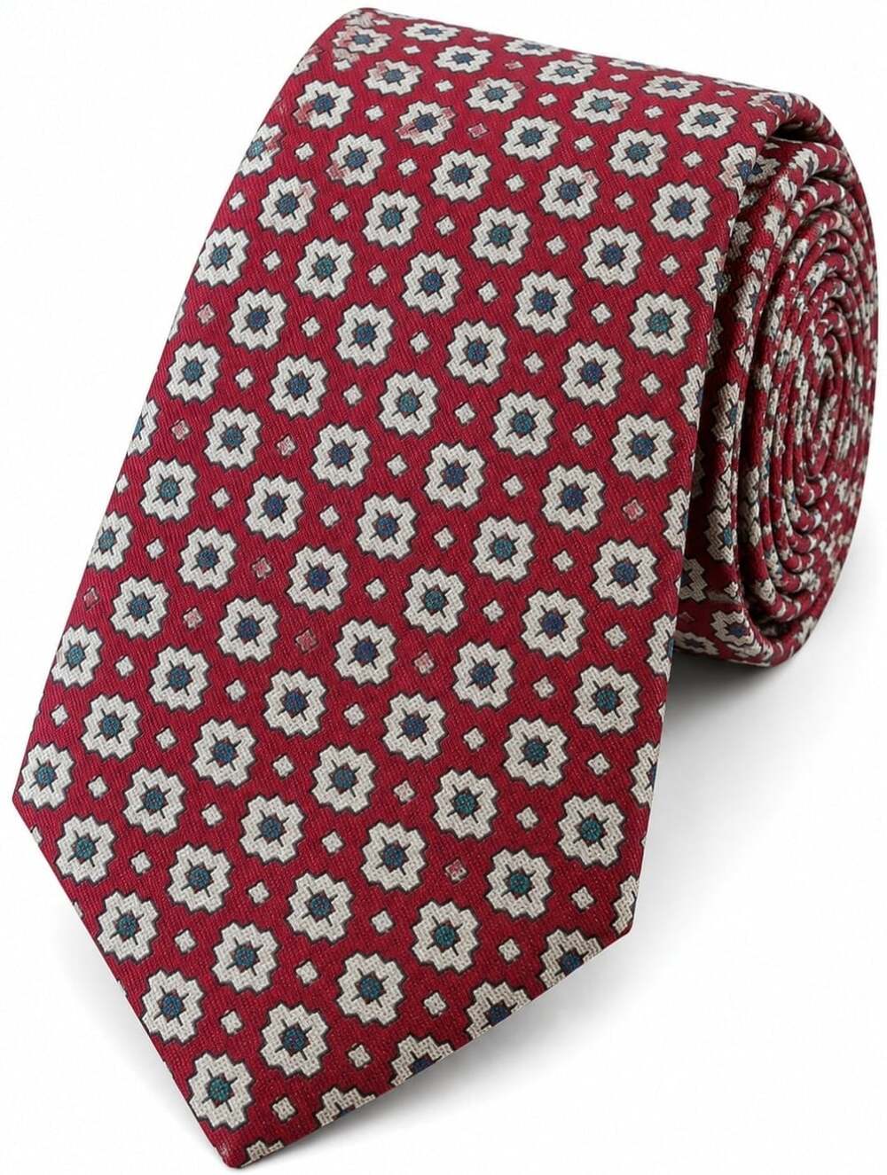 Club Room Mens 100% Silk Tie Burgundy Geometric Medallion Handmade USA England
